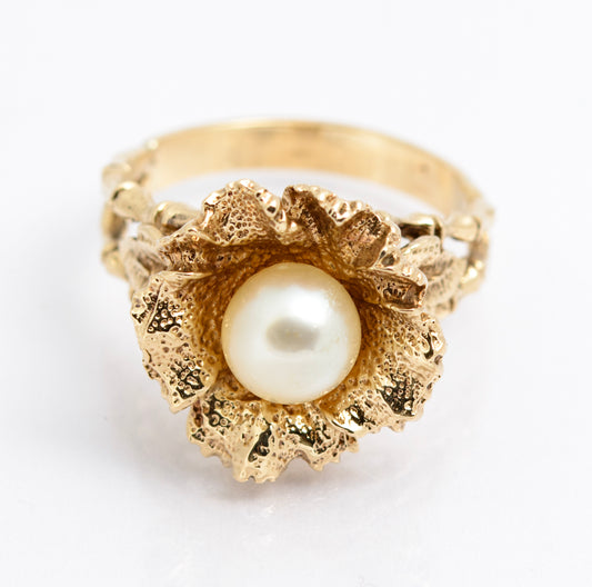 Vintage 9ct Yellow Gold Ring Brutalist Design With Cultured Pearl 8.1 Grams(A2167)