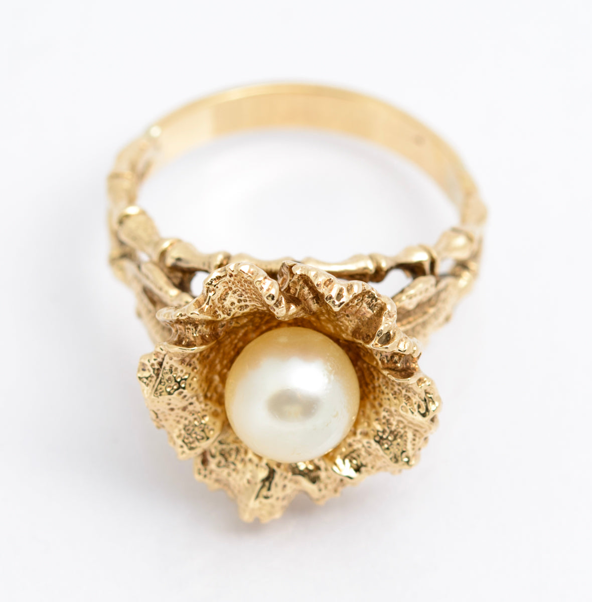 Vintage 9ct Yellow Gold Ring Brutalist Design With Cultured Pearl 8.1 Grams(A2167)