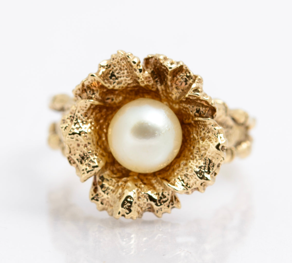 Vintage 9ct Yellow Gold Ring Brutalist Design With Cultured Pearl 8.1 Grams(A2167)