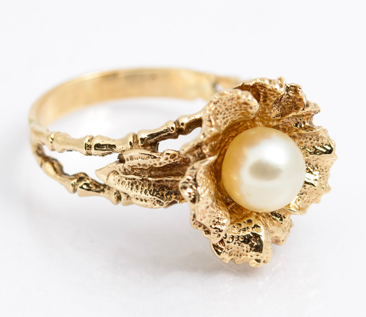 Vintage 9ct Yellow Gold Ring Brutalist Design With Cultured Pearl 8.1 Grams(A2167)