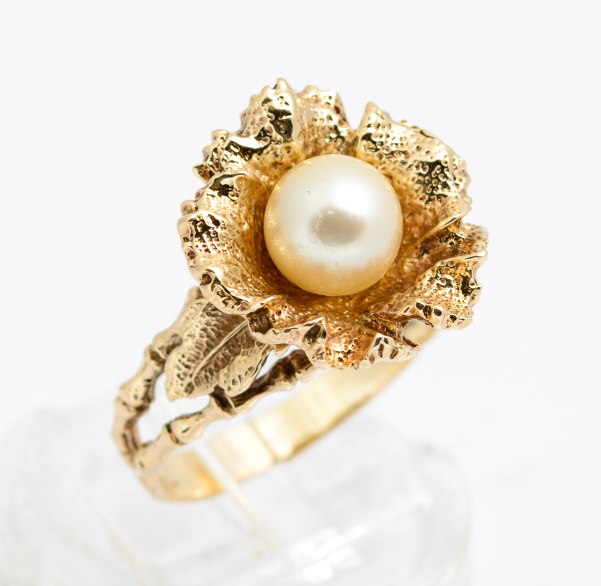 Vintage 9ct Yellow Gold Ring Brutalist Design With Cultured Pearl 8.1 Grams(A2167)