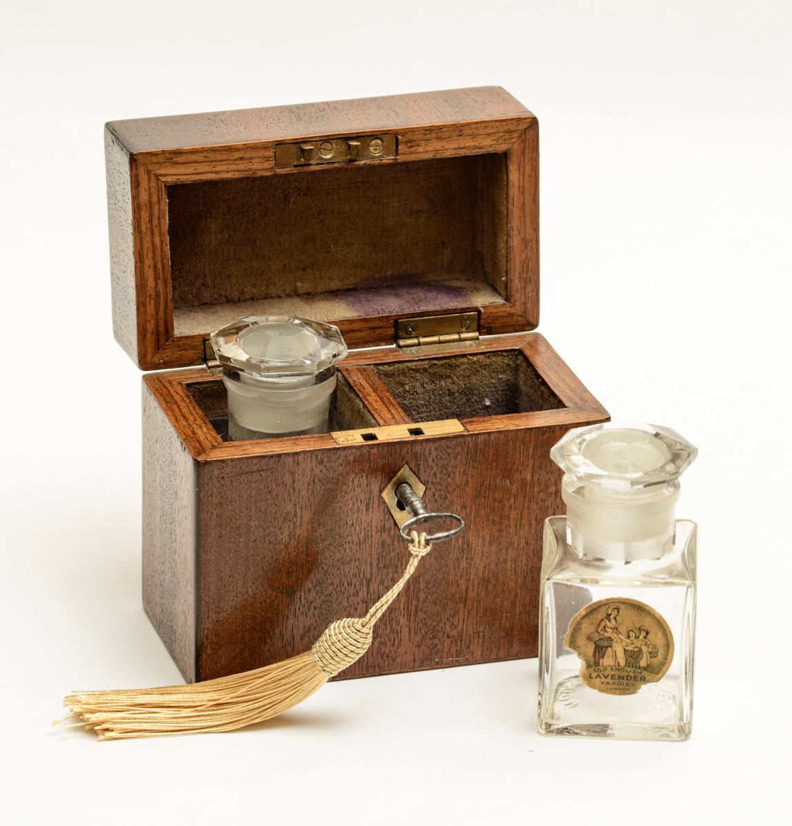 Antique Victorian Wooden Scent Box With 2 Yardley Perfume/Salt Bottles (A2168)