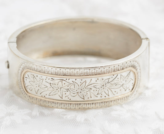 Antique Victorian Sterling Silver & Gold Cuff Bangle c.1880 (B2174)