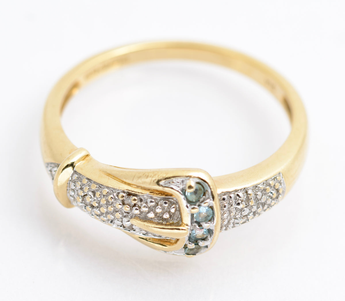 9ct Yellow Gold Blue Topaz & Diamond Buckle Ring Pave Detail Sheffield Hallmark (B2176)