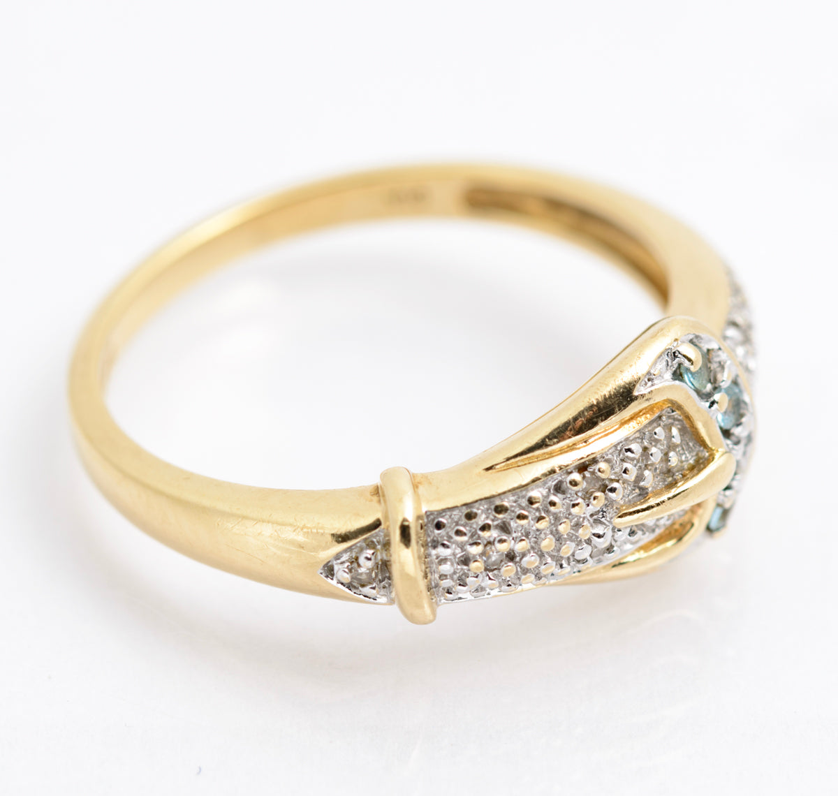 9ct Yellow Gold Blue Topaz & Diamond Buckle Ring Pave Detail Sheffield Hallmark (B2176)