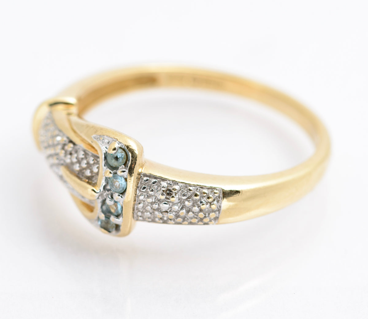 9ct Yellow Gold Blue Topaz & Diamond Buckle Ring Pave Detail Sheffield Hallmark (B2176)