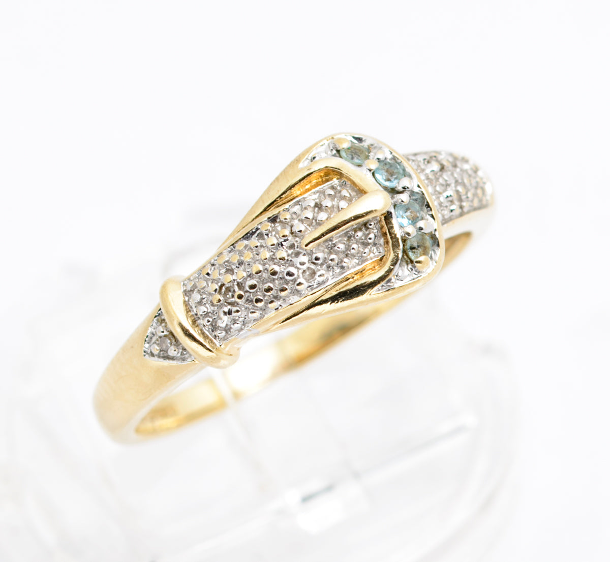 9ct Yellow Gold Blue Topaz & Diamond Buckle Ring Pave Detail Sheffield Hallmark (B2176)