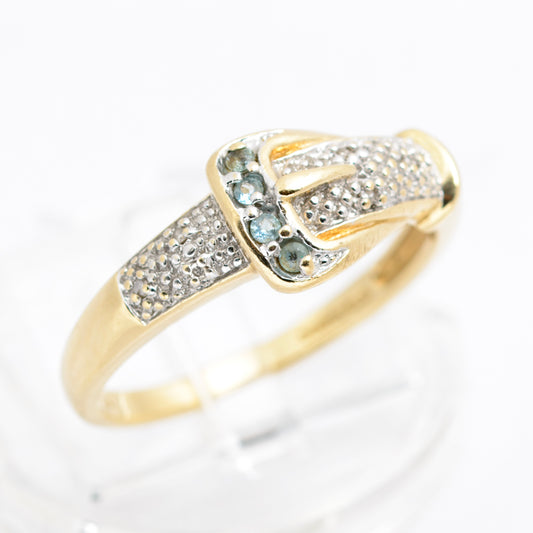 9ct Yellow Gold Blue Topaz & Diamond Buckle Ring Pave Detail Sheffield Hallmark (B2176)