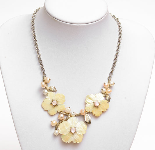 925 Sterling Silver, Mother of Pearl & Cultured Pearl Statement Flower Necklace (B2177)