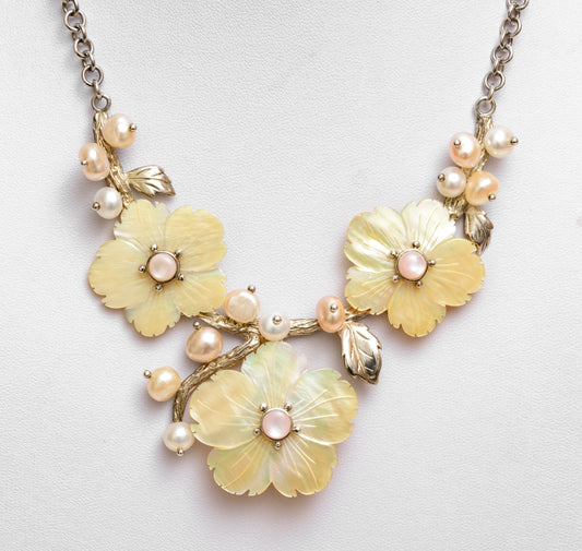 925 Sterling Silver, Mother of Pearl & Cultured Pearl Statement Flower Necklace (B2177)