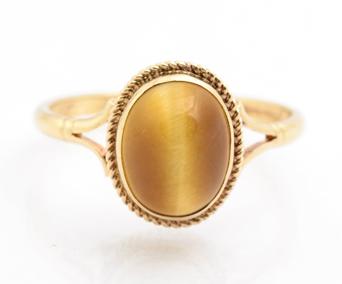 Vintage 9ct Yellow Gold Ring With Tigers Eye Polished Oval Cabochon Hallmarked (B2179)