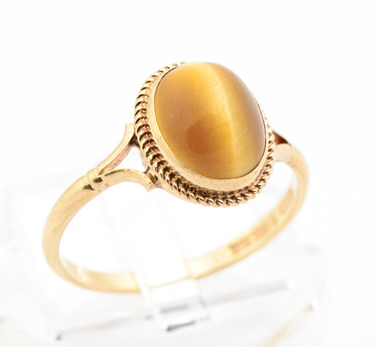 Vintage 9ct Yellow Gold Ring With Tigers Eye Polished Oval Cabochon Hallmarked (B2179)