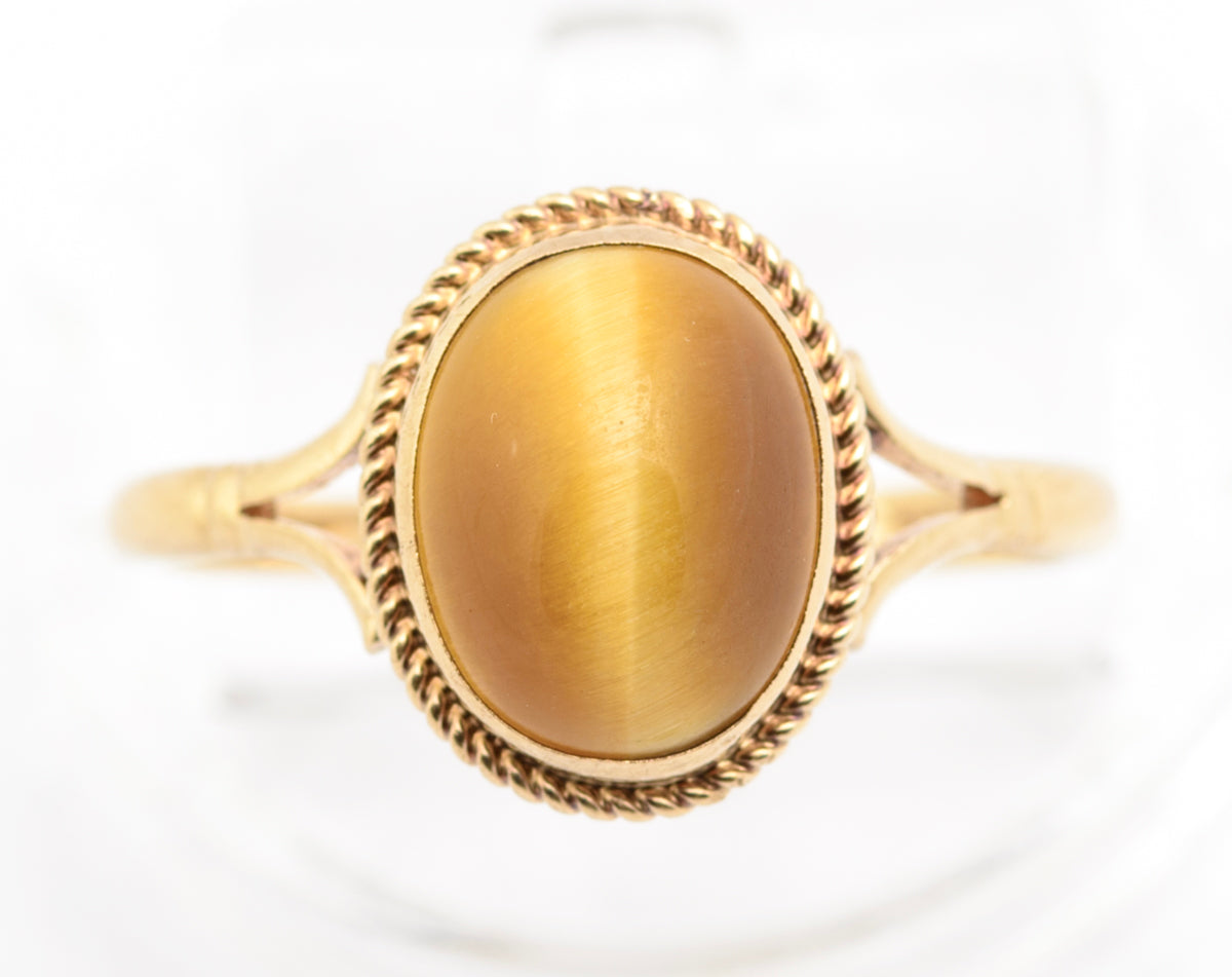 Vintage 9ct Yellow Gold Ring With Tigers Eye Polished Oval Cabochon Hallmarked (B2179)