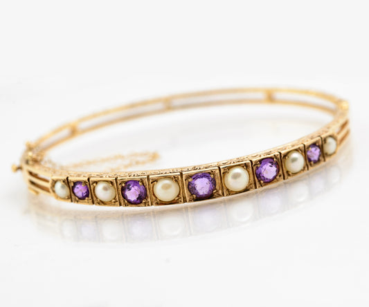 Vintage 9ct Gold Amethyst & Split Cultured Pearl Bangle/Bracelet Hallmarked (B2183)