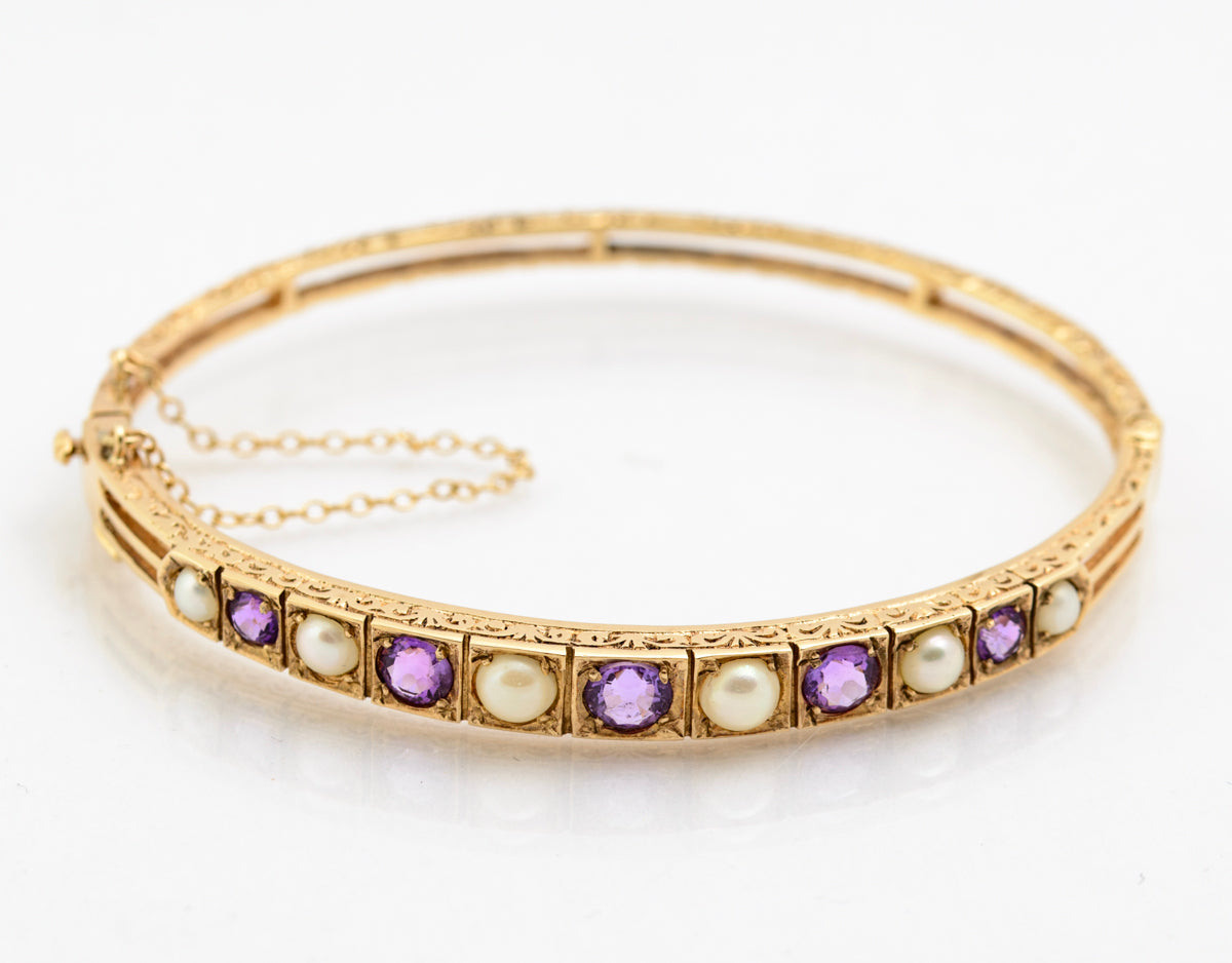 Vintage 9ct Gold Amethyst & Split Cultured Pearl Bangle/Bracelet Hallmarked (B2183)