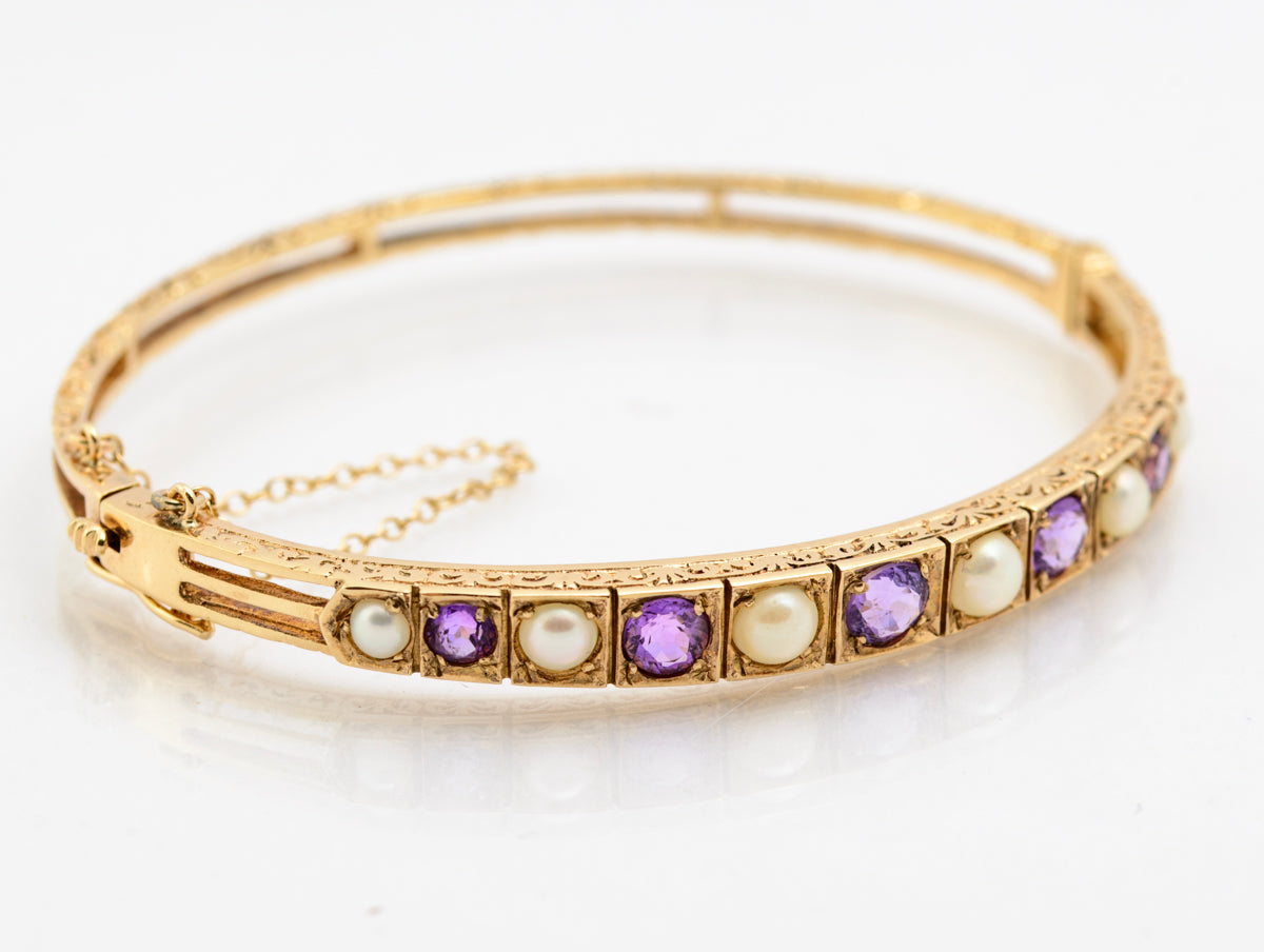 Vintage 9ct Gold Amethyst & Split Cultured Pearl Bangle/Bracelet Hallmarked (B2183)