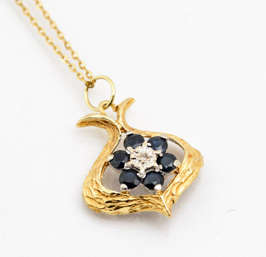 Vintage 9ct Yellow Gold Pendant & Chain Necklace - Natural Sapphires & Diamond (B2185)