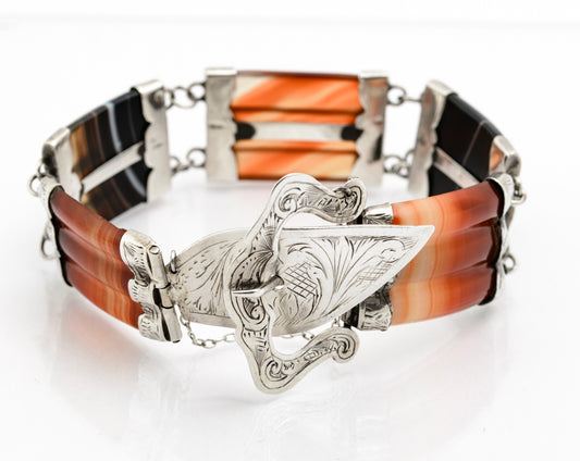 Antique Scottish 830 Silver & Banded Agate / Carnelian Buckle Bracelet c.1870 (B2186)