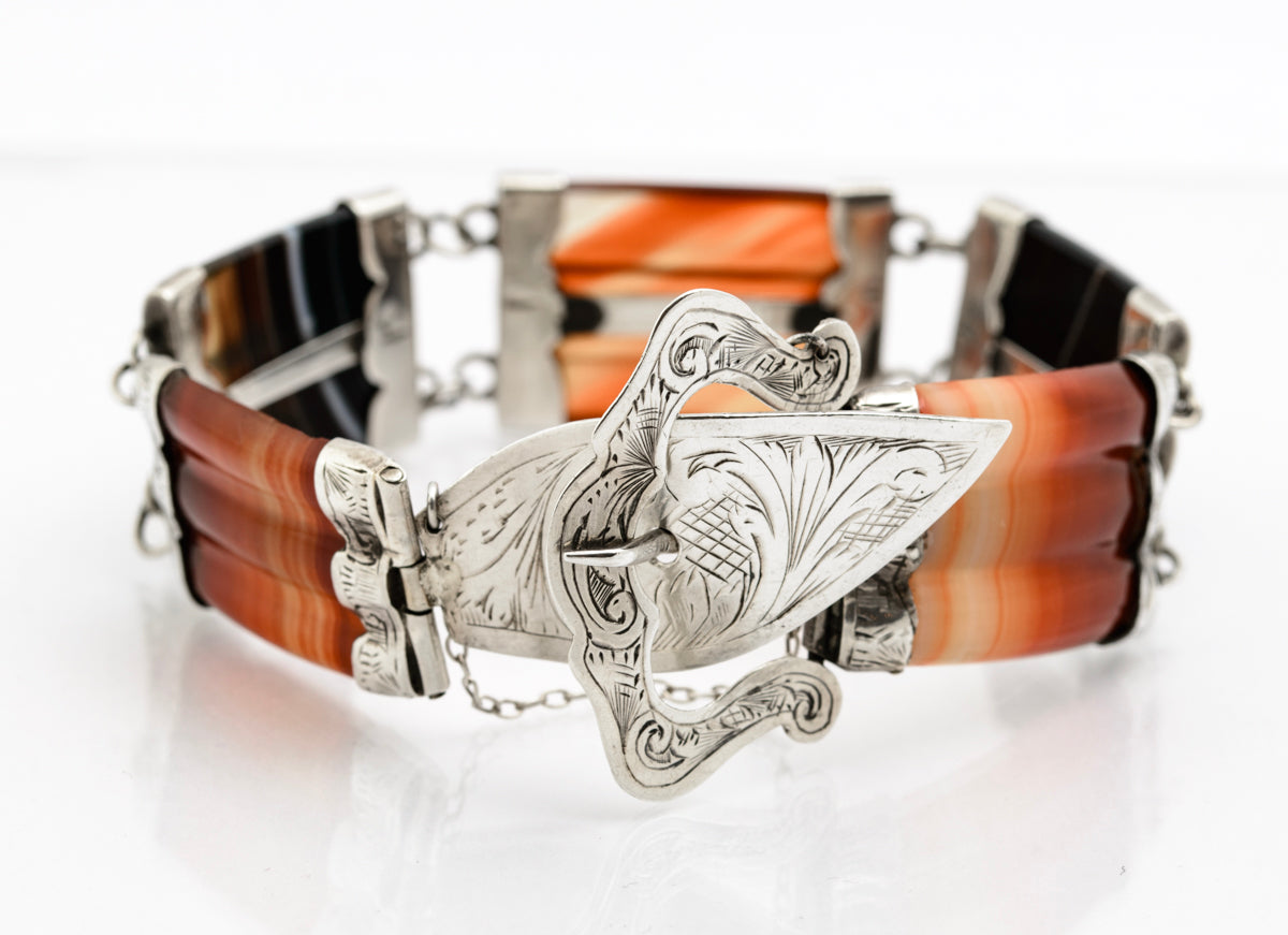 Antique Scottish 830 Silver & Banded Agate / Carnelian Buckle Bracelet c.1870 (B2186)