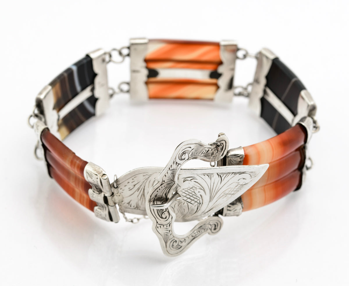 Antique Scottish 830 Silver & Banded Agate / Carnelian Buckle Bracelet c.1870 (B2186)