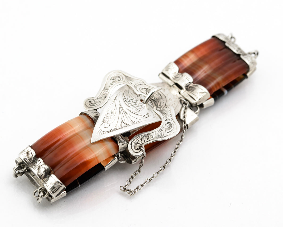 Antique Scottish 830 Silver & Banded Agate / Carnelian Buckle Bracelet c.1870 (B2186)