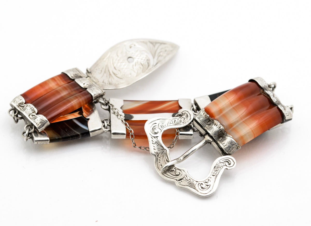 Antique Scottish 830 Silver & Banded Agate / Carnelian Buckle Bracelet c.1870 (B2186)