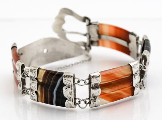 Antique Scottish 830 Silver & Banded Agate / Carnelian Buckle Bracelet c.1870 (B2186)