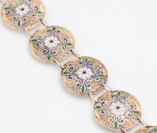 Antique French 800 Silver Gilt & Champleve Enamel Filigree Bracelet (B2187)