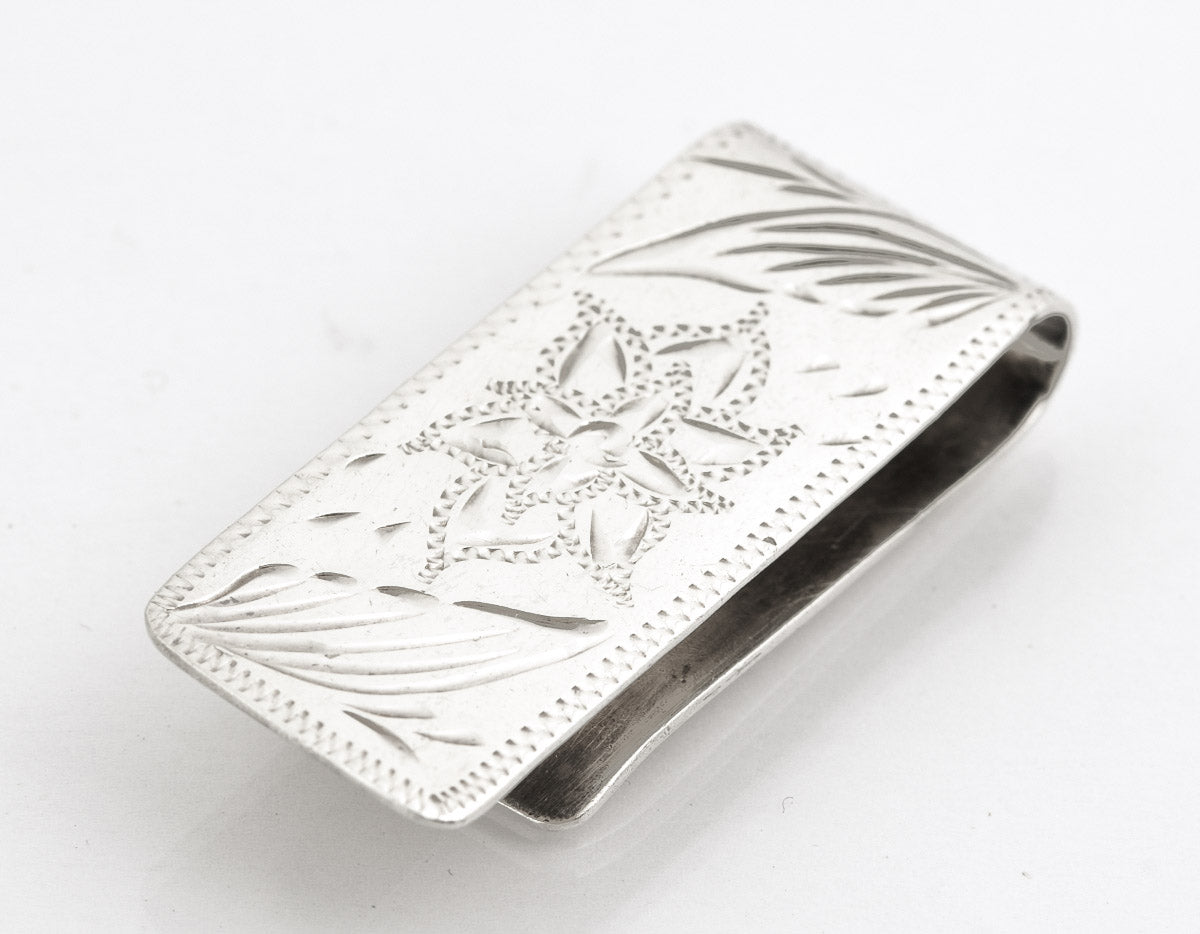 Vintage Mexican Sterling Silver Money Clip With Bright Cut Floral Design (B2195)