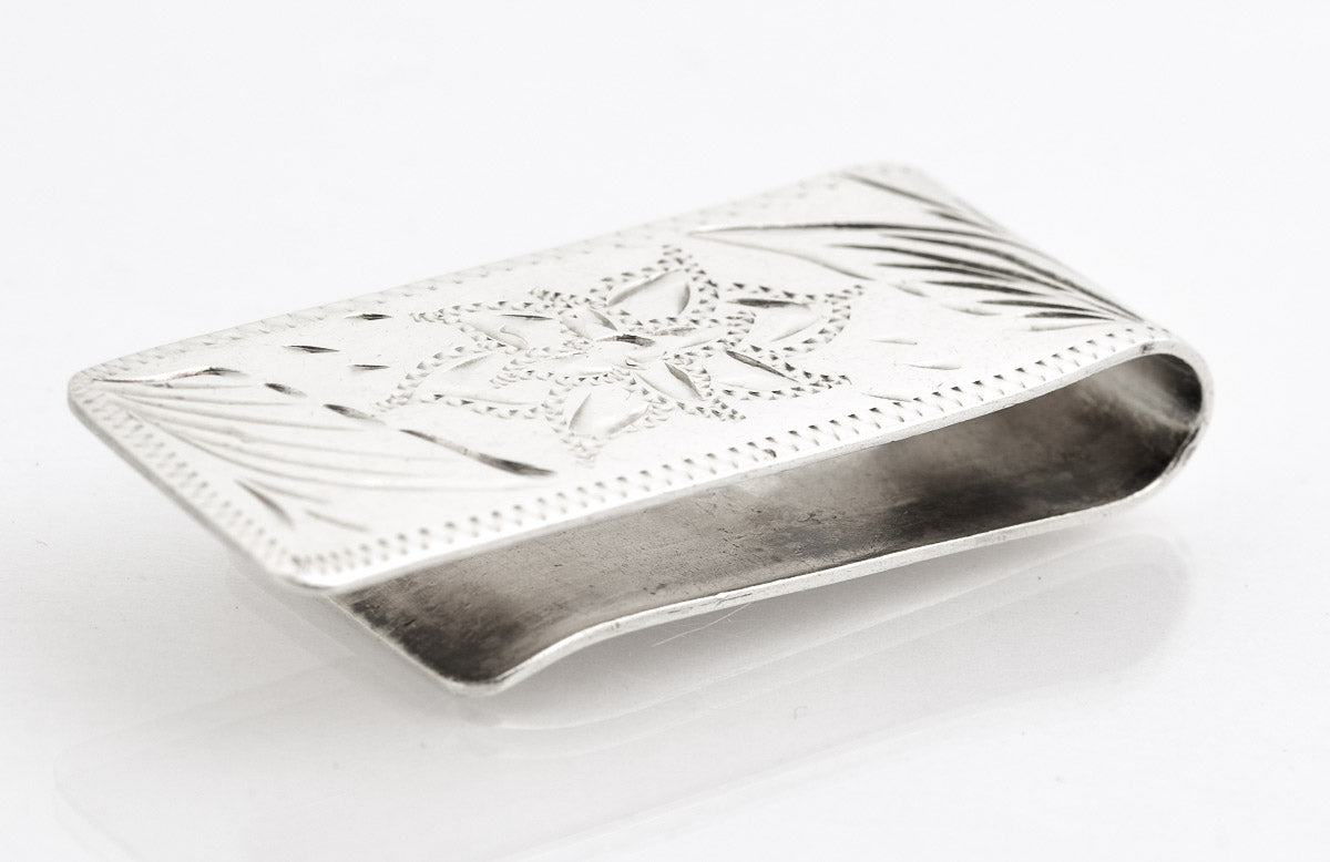 Vintage Mexican Sterling Silver Money Clip With Bright Cut Floral Design (B2195)