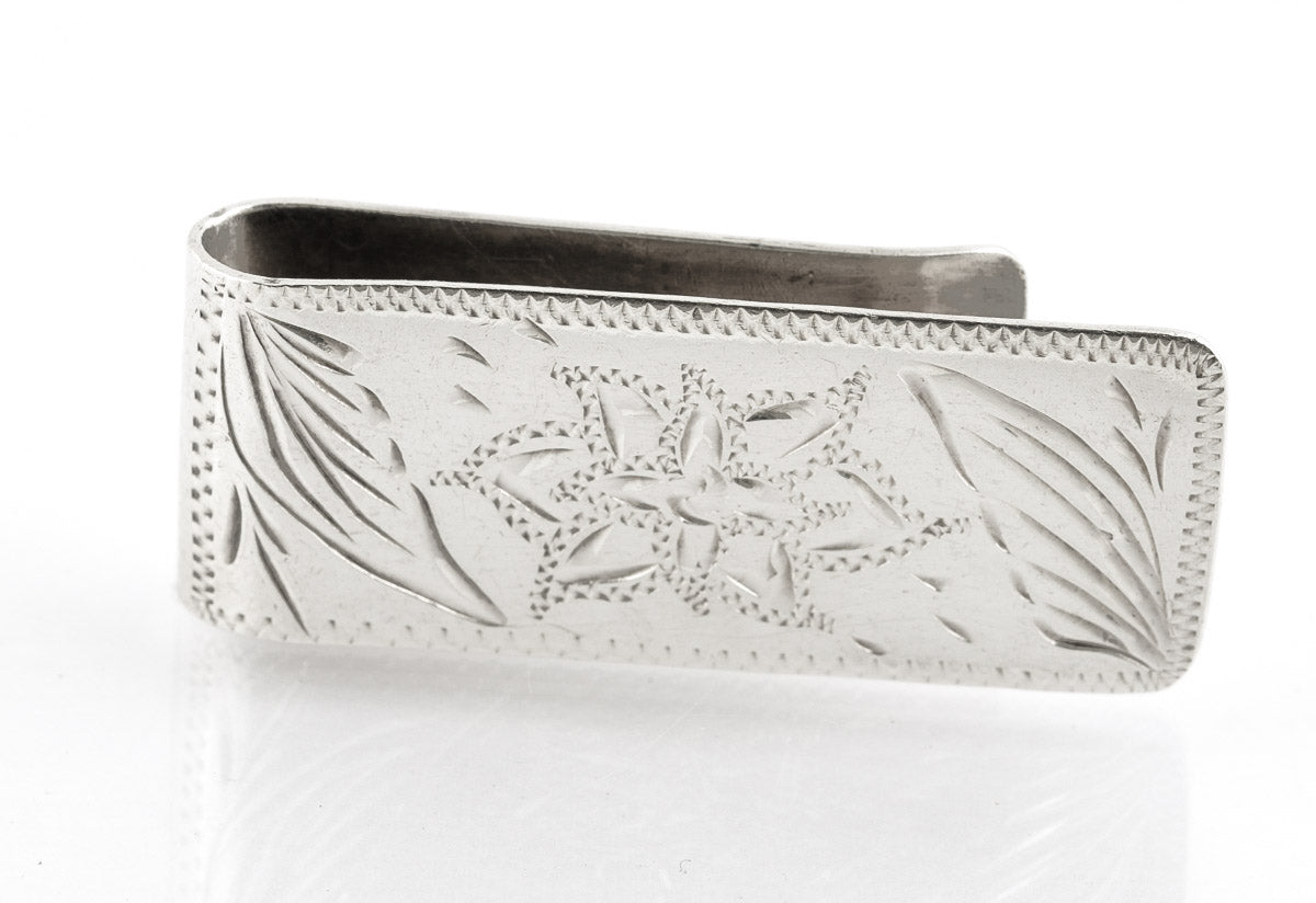 Vintage Mexican Sterling Silver Money Clip With Bright Cut Floral Design (B2195)