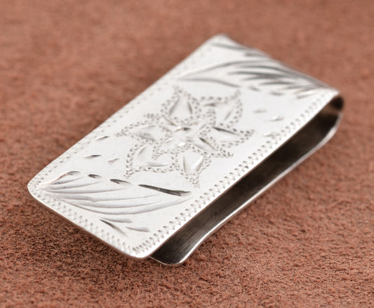 Vintage Mexican Sterling Silver Money Clip With Bright Cut Floral Design (B2195)