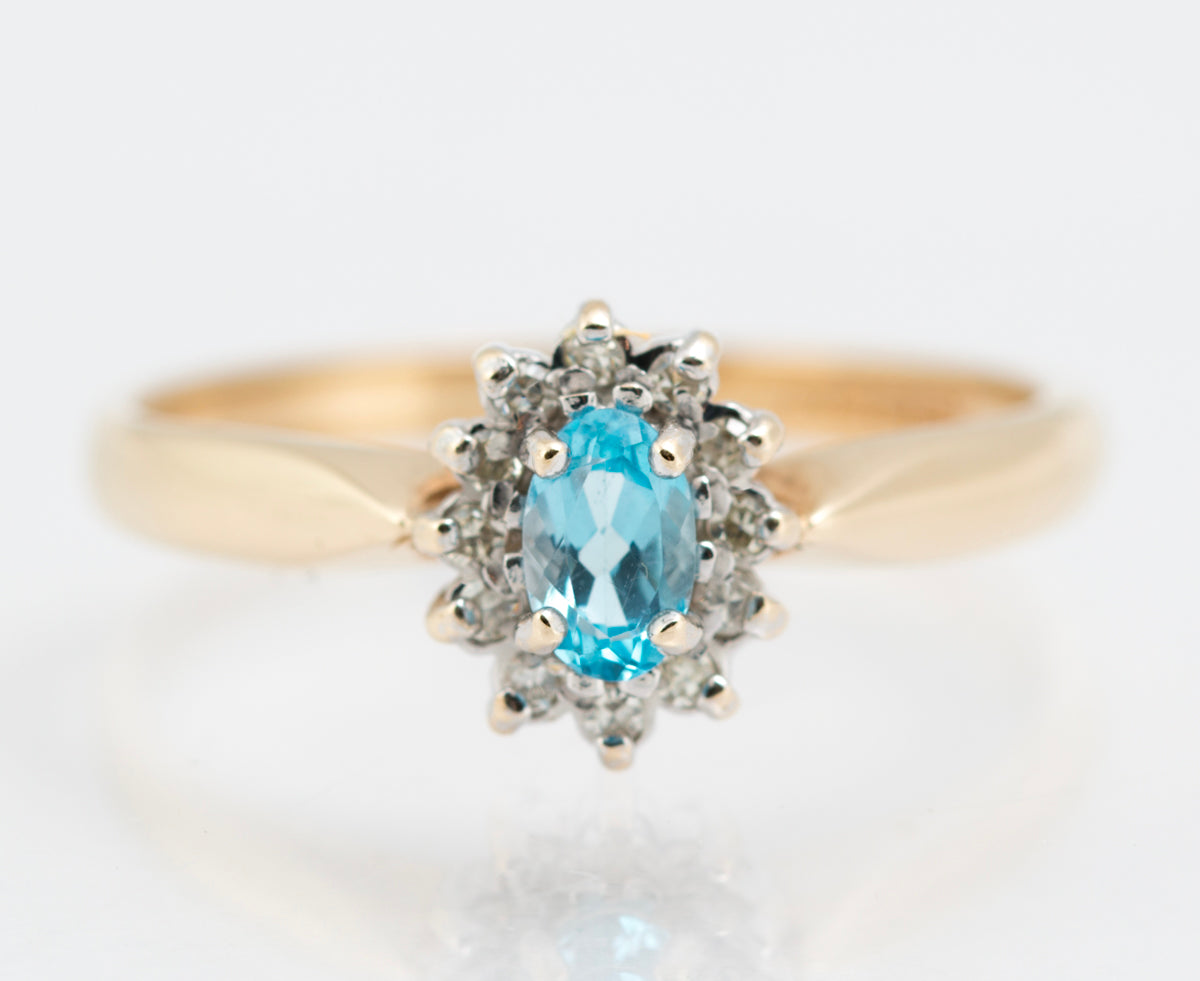 Pretty 9ct Yellow Gold Ladies Ring - Natural Blue Topaz Gemstone & Diamond Halo (B2216)