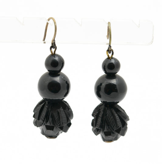 Pair Antique Whitby Jet Earrings With Carved Beads Victorian Mourning Jewellery (B2218)