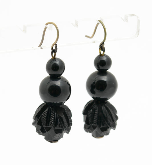 Pair Antique Whitby Jet Earrings With Carved Beads Victorian Mourning Jewellery (B2218)