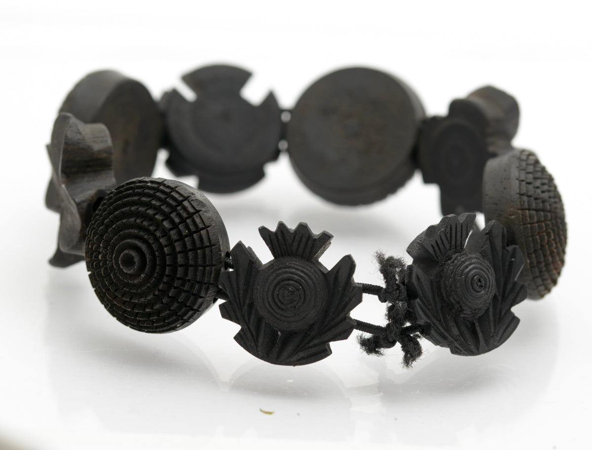 Antique Vulcanite Mourning Jewellery Bracelet Three Nations Panels Elasticated (B2219)