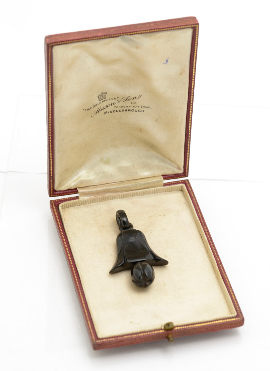 Antique Whitby Jet Carved Harebell Flower & Dropper Mourning Pendant c.1900 (B2226)