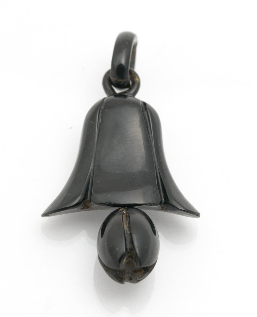 Antique Whitby Jet Carved Harebell Flower & Dropper Mourning Pendant c.1900 (B2226)