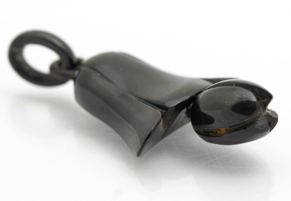 Antique Whitby Jet Carved Harebell Flower & Dropper Mourning Pendant c.1900 (B2226)