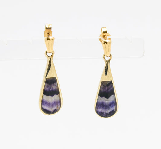 Pair 9ct Gold Hallmarked Teardrop Earrings With Blue John Cabochons (B2233)