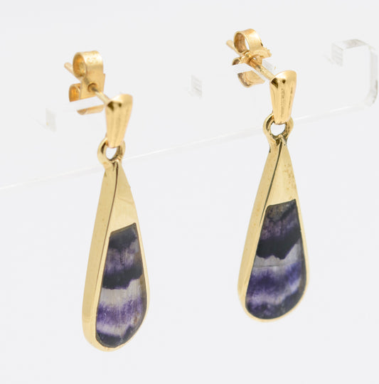 Pair 9ct Gold Hallmarked Teardrop Earrings With Blue John Cabochons (B2233)