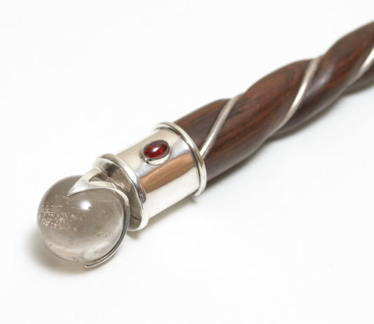 Vintage Hardwood, Sterling Silver, Garnet & Quartz Point Healing Wand (B2244)