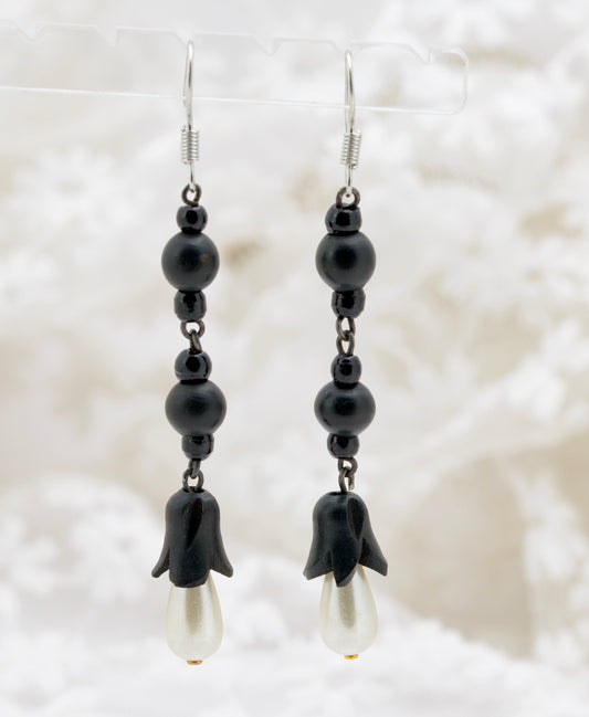 Pair Antique Mourning Earrings c.1900 Ebonised Bog Oak, French Jet & Faux Pearl (B2249)