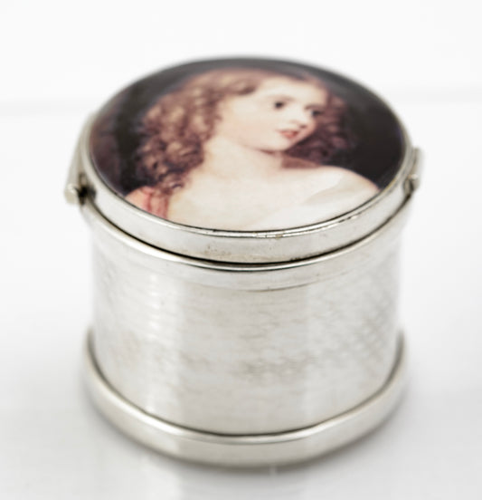 Antique Sterling Silver Jar With Hand Painted Pre-Raphaelite Portrait On Copper (B2253)