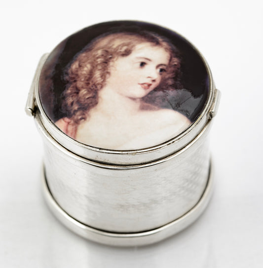 Antique Sterling Silver Jar With Hand Painted Pre-Raphaelite Portrait On Copper (B2253)