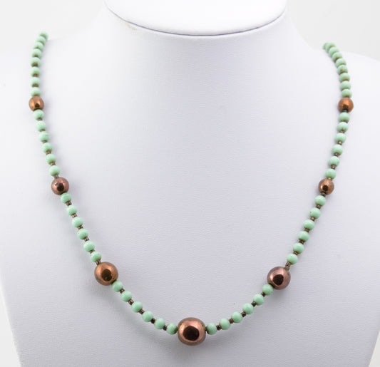 Antique/Art Deco Uranium/Vaseline Glass Bead Necklace Green/Copper Colour (B2264)