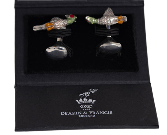 Pair Deakin & Francis Solid Silver & Enamel Angry Game Bird Cufflinks In Box  (Code A1095)