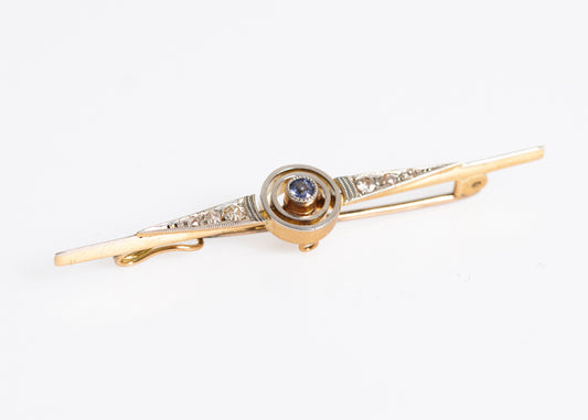 Antique Art Deco 14ct Gold, Platinum Sapphire & Diamond Bar Brooch/Pin c.1920 (A1226)