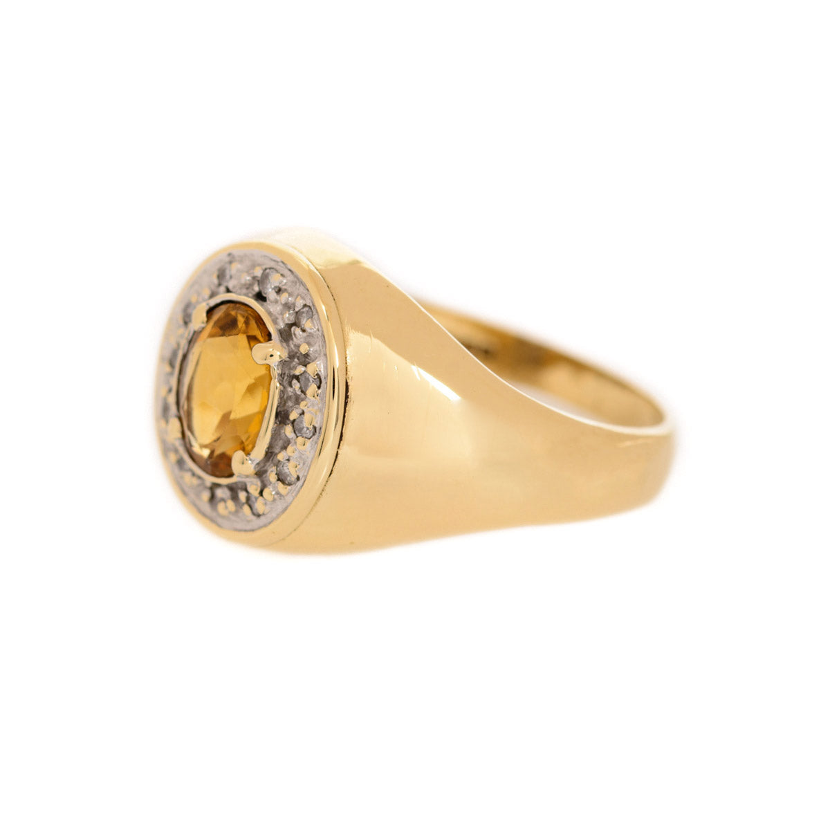 9ct Gold & Citrine Ring With Diamond Halo & Wide Shoulders London 2001 UK Size S (A1271)