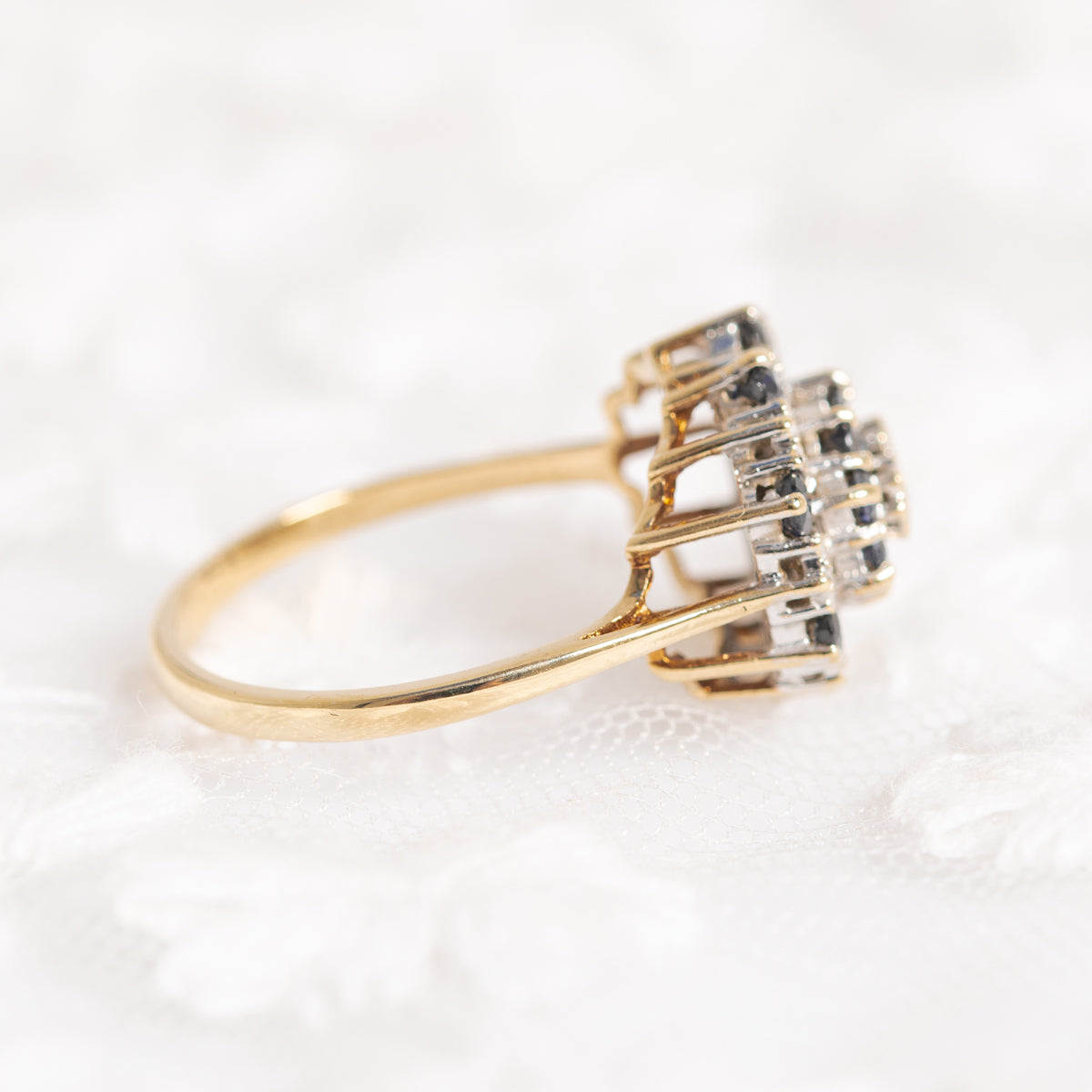 Vintage 9ct Gold Natural Sapphire & Diamond Double Cluster Dress Ring UK Size N1/2 (A1286)
